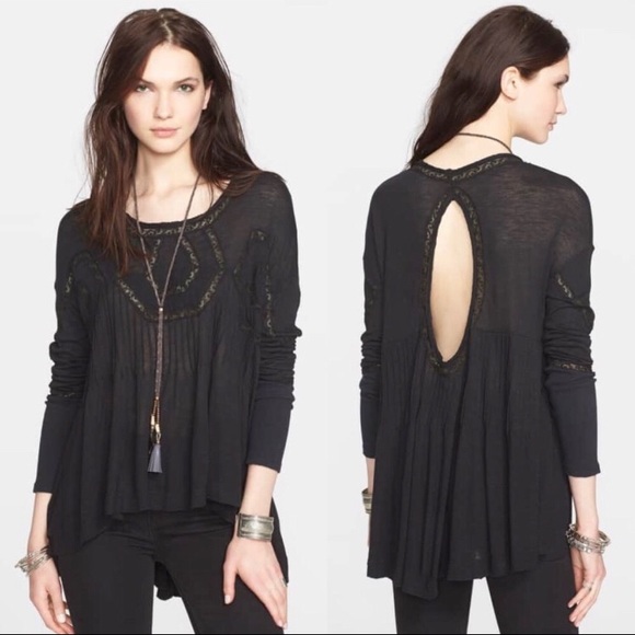 Free People Tops - Free People New Hope Babydoll Black Swing Crochet Open Back Cutout Boho Top